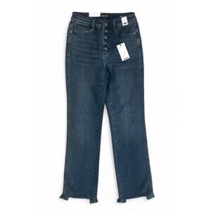 NWT Judy Blue High Waist Straight Fit Stretch Jeans Dark Blue 7/28 Distressed